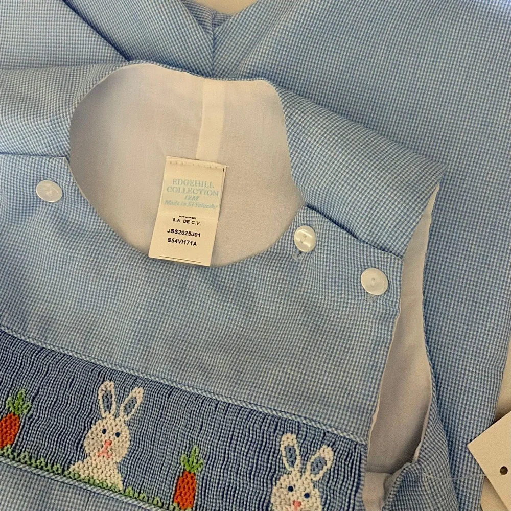 NWT!! EDGEHILL COLLECTION Smocked Bunny Gingham Plaid Romper Blue 12‎ Months